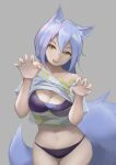  1girl :d absurdres animal_ears arknights bangs bikini breasts claw_pose cleavage commentary cowboy_shot crop_top fang grey_background hands_up highres large_tail long_hair looking_at_viewer medium_breasts midriff navel no_pants open_mouth provence_(arknights) provence_(casual_vacation)_(arknights) purple_bikini purple_hair senmiao shirt short_sleeves simple_background smile solo standing stomach swimsuit tail white_shirt wolf_ears wolf_tail yellow_eyes 