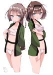  2girls absurdres akizuki_(kancolle) bangs black_headband blue_eyes blush breasts brown_hair budget_sarashi closed_mouth cropped_legs eyebrows_visible_through_hair flat_chest fundoshi hachimaki happi headband highres japanese_clothes kantai_collection kazagumo_(kancolle) long_hair multiple_girls open_mouth ponytail sarashi signature simple_background small_breasts uut white_background wide_sleeves 