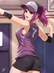  1girl airisubaka armpit_crease armpits ass bandaid bandaid_on_cheek bare_shoulders baseball_cap black_shorts blurry blurry_background breasts brown_eyes commentary cowboy_shot elbow_pads english_commentary hat highres indoors large_breasts leah_(airisubaka) open_mouth original outstretched_arm ponytail purple_hair shirt shorts signature sleeveless sleeveless_shirt solo sweat 