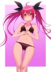  1girl absurdres ahoge bangs bikini bikini_pull black_bikini black_bow border bow closed_mouth clothes_pull collarbone date_a_live eyebrows_visible_through_hair flat_chest floating_hair frown gradient gradient_background groin hair_between_eyes hair_bow hair_intakes highres itsuka_kotori long_hair looking_at_viewer navel outside_border pajaaa18 pink_background red_eyes red_hair shiny shiny_hair shiny_skin solo swimsuit thigh_gap twintails very_long_hair white_border 
