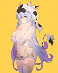  1girl animal_print blue_hair breasts brown_eyes cleavage cow_hat cow_print cow_tail draph eyebrows_visible_through_hair gradient_hair granblue_fantasy hair_between_eyes highres large_breasts long_hair looking_at_viewer multicolored_hair navel print_headwear purple_hair shatola_(granblue_fantasy) short_shorts shorts simple_background solo tail thighhighs thighs tilt-shift twitter_username white_legwear white_shorts yellow_background 