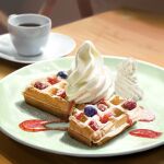  blueberry commentary_request cup food food_focus fruit highres kya4 no_humans original photorealistic plate saucer still_life sugar_(food) table tea waffle whipped_cream 