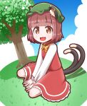  1girl :3 :d animal_ear_fluff animal_ears bangs blunt_bangs bow bowtie brown_eyes brown_hair cat_ears cat_tail chen cloud day dress earrings eyebrows_visible_through_hair gold_trim grass hat highres jewelry looking_at_viewer mob_cap multiple_tails nekomata open_mouth outdoors red_dress roco_(katsuya1011) short_hair single_earring sitting smile solo tail touhou tree two_tails wariza yellow_neckwear 
