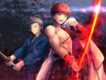  2boys bangs black_pants bow closed_mouth cloud collarbone cowboy_shot crossover emiya_shirou eyebrows_visible_through_hair fate/grand_order fate_(series) fire flame grey_eyes grey_hair hand_up holding holding_clothes holding_sword holding_weapon japanese_clothes kimono little_busters! long_sleeves magic_circuit male_focus migiha miyazawa_kengo multiple_boys open_mouth pants purple_kimono red_eyes red_hair sash sengo_muramasa_(fate) shinai short_hair sky spiked_hair standing sword tree weapon wide_sleeves wrist_cuffs 