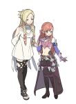  2girls blonde_hair blue_eyes boots brown_hair cosplay costume_switch final_fantasy final_fantasy_xiv gloves highres hyur looking_at_another minfilia_warde multiple_girls navel open_mouth ryne smile spoilers stomach thigh_boots thighhighs wuliu_heihuo 