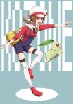  1girl :d bag blue_shorts bow brown_eyes brown_hair character_name chikorita full_body gen_2_pokemon grey_background hat hat_bow highres himeneko1119 hood hood_down index_finger_raised leg_up long_hair long_sleeves low_twintails lyra_(pokemon) open_mouth pokemon pokemon_(creature) pokemon_(game) pokemon_hgss red_bow red_footwear red_shirt shiny shiny_hair shirt short_shorts shorts smile solo starter_pokemon suspender_shorts suspenders thighhighs twintails white_headwear white_legwear zettai_ryouiki 