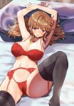  1girl areola_slip areolae armpits arms_up bangs bed black_legwear blush bra breasts brown_hair cameltoe commission cum cumdrip earrings eyebrows_visible_through_hair floral_print fujiko_(emnprmn) garter_belt highres jewelry large_breasts leg_up long_hair looking_at_viewer lying mole mole_on_stomach mole_under_mouth nail_polish navel necklace nose_blush on_back on_bed open_mouth original panties pillow pink_nails pubic_hair purple_eyes red_bra red_panties skeb_commission solo stained_panties stomach thighhighs underwear 