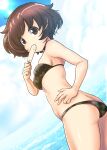  1girl absurdres akiyama_yukari artist_name ass bangs bikini breasts brown_eyes brown_hair butt_crack camouflage camouflage_bikini cloud cloudy_sky cowboy_shot dated day excel_(shena) eyebrows_visible_through_hair food food_in_mouth from_behind girls_und_panzer green_bikini hand_on_hip highres looking_at_viewer looking_back lowleg lowleg_bikini medium_breasts messy_hair one-hour_drawing_challenge outdoors popsicle short_hair skindentation sky solo sparkle standing sun sunlight swimsuit 