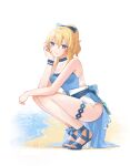  1girl bare_arms bare_shoulders beach blonde_hair blouse bow casual feet full_body genshin_impact hair_bow high_heels highres jean_gunnhildr ji_yue legs looking_at_viewer ponytail short_shorts shorts simple_background sleeveless smile solo squatting toes white_background 