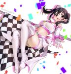  1girl :d black_hair boots breasts checkered checkered_flag earrings elbow_gloves fingerless_gloves flag full_body gloves hair_between_eyes highres jewelry long_hair love_live! love_live!_school_idol_project medium_breasts midriff nakano_maru navel open_mouth race_queen red_eyes short_hair smile solo teeth thigh_boots thighhighs thighs twintails twitter_username upper_teeth white_footwear white_gloves white_legwear yazawa_nico 