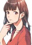  1girl brown_eyes brown_hair doushimasho fingernails from_side long_hair looking_at_viewer looking_to_the_side mole mole_under_mouth original red_shirt shirt simple_background smile solo upper_body white_background 