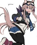  1girl animal_ears arknights black_jacket black_legwear blue_neckwear blue_shorts boots brown_hair cardigan_(arknights) dog_ears dog_girl dog_tail goggles goggles_on_head hair_between_eyes highres jacket legwear_under_shorts looking_at_viewer multicolored_hair necktie one-hour_drawing_challenge open_mouth pantyhose purple_eyes purple_footwear purple_hair shirt shorts simple_background solo streaked_hair tail tetuw twitter_username white_background white_shirt 