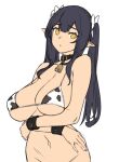  1girl animal_print arms_under_breasts bell bikini bikini_top black_hair bottomless bow breast_hold breasts cleavage cow_print elf_(houtengeki) hair_bow head_tilt houtengeki huge_breasts long_hair navel neck_bell original out-of-frame_censoring pointy_ears sidelocks simple_background sketch solo swimsuit twintails white_background wrist_cuffs yellow_eyes 