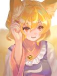  1girl :d animal_ear_fluff animal_ears blonde_hair breasts dress fox_ears fox_tail hair_twirling highres large_breasts looking_to_the_side multiple_tails no_hat no_headwear open_mouth red_eyes short_hair smile solo surumeri_(baneiro) tabard tail touhou upper_body white_dress yakumo_ran 