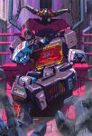  1boy buzzsaw_(transformers) commission decepticon highres looking_at_viewer marble-v mecha mercenary_(transformers) no_humans open_hand open_hands pov red_eyes science_fiction shoulder_cannon sitting smoke solo_focus soundblaster transformers transformers:_war_for_cybertron_trilogy 