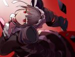  1girl bangs black_hair black_nails blurry blurry_foreground bonnet celestia_ludenberg commentary danganronpa:_trigger_happy_havoc danganronpa_(series) depth_of_field drill_hair frilled_skirt frills gothic_lolita gradient gradient_background grey_background hands_up highres huyuharu0214 layered_skirt lolita_fashion long_hair long_sleeves looking_at_viewer necktie own_hands_together red_background red_eyes signature skirt smile solo twin_drills twintails 