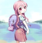  1girl ahoge amimi backpack bag blue_shirt from_side long_hair looking_at_viewer open_mouth original outdoors pink_eyes pink_hair pink_skirt randoseru shirt short_sleeves skirt solo water wet wet_clothes wringing_clothes 