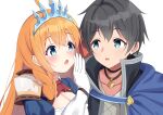  1boy 1girl :o bangs black_hair blue_cape blue_eyes blue_sleeves blush breasts cape cleavage commentary_request elbow_gloves eyebrows_visible_through_hair gloves hair_between_eyes highres long_hair looking_at_another open_mouth orange_hair pecorine_(princess_connect!) princess_connect! puffy_short_sleeves puffy_sleeves red_ribbon ribbon short_hair short_sleeves simple_background syurimp tiara upper_body white_background white_gloves yuuki_(princess_connect!) 