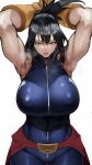  1girl absurdres armpits arms_behind_head arms_up bangs bare_shoulders biceps black_hair boku_no_hero_academia breasts cape folded_ponytail gloves grey_eyes highres huge_breasts long_hair looking_at_viewer mole mole_under_mouth muscular muscular_female open_mouth red_cape shimura_nana sleeveless_bodysuit solo sweat waist_cape yellow_gloves yoshio_(55level) 