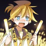  1boy audience bass_clef black_background black_collar blonde_hair blue_eyes character_name collar commentary crying crying_with_eyes_open glowing happy_tears highres holding_penlight kagamine_len male_focus necktie open_mouth penlight sailor_collar shirt short_hair sketch solo spiked_hair tears upper_body vocaloid wakolenrin white_shirt yellow_neckwear 