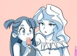  2girls bare_shoulders collarbone commentary couple diana_cavendish eating food highres holding holding_food ice_cream jewelry kagari_atsuko little_witch_academia long_hair looking_at_another monochrome multiple_girls neck necklace open_mouth popsicle popsicle_stick simple_background skrtttt-6 symbol_commentary upper_body watermark wavy_hair yuri 