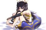  1girl armlet bangs bikini black_hair black_legwear bracelet breasts detached_sleeves earrings fate/grand_order fate_(series) gold_trim hair_ribbon heavenly_boat_maanna hoop_earrings ishtar_(fate) ishtar_(fate)_(all) jewelry knees_up legs long_hair looking_at_viewer medium_breasts mismatched_bikini parted_bangs red_eyes ribbon single_detached_sleeve single_thighhigh sitting solo spider_apple swimsuit thighhighs thighlet tiara two_side_up 