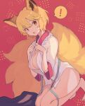  ! 1girl :o animal_ears bad_feet barefoot blonde_hair breasts cleavage dress fox_ears fox_tail highres large_breasts looking_at_viewer multiple_tails no_hat no_headwear open_mouth pink_background short_hair simple_background solo spoken_exclamation_mark surumeri_(baneiro) tail touhou undressing white_dress yakumo_ran yellow_eyes 