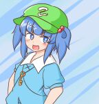  1girl :d bangs blue_background blue_eyes blue_hair blue_shirt bright_pupils commission eyebrows_visible_through_hair flat_cap green_headwear hair_bobbles hair_ornament hat kawashiro_nitori key looking_at_viewer mizusoba open_mouth shirt short_hair short_sleeves skeb_commission smile solo touhou twintails upper_body white_pupils 