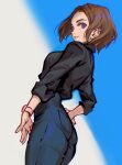 1girl black_shirt blue_eyes breasts brown_hair collared_shirt denim forehead from_behind hair_behind_ear hand_on_hip highres james_ghio jeans looking_down medium_breasts mole mole_under_eye pants parted_lips samsung samsung_sam shirt shirt_tucked_in short_hair smile solo watch wristwatch 