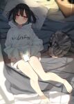  1girl animal bangs barefoot bed black_hair cat cellphone closed_mouth eyebrows_visible_through_hair holding holding_phone hood hood_down hoodie jacket kamizaki_hibana legs long_sleeves looking_at_viewer lying on_back on_bed original phone pillow pink_eyes short_twintails shorts smartphone twintails white_shorts 