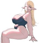  1girl belly black_swimsuit blonde_hair breasts elf elf-san_wa_yaserarenai. erufuda-san from_side large_breasts long_hair long_pointy_ears looking_at_viewer one-piece_swimsuit parted_lips plump pointy_ears sketch smile solo swimsuit synecdoche white_background 