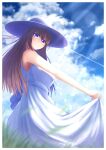  1girl bangs breasts cloud dress eyebrows_visible_through_hair from_side grass hair_ornament hairclip hat highres hololive lens_flare long_hair looking_at_viewer looking_down medium_breasts sky smile solo sun_hat sunlight tanu_(ace_ikachan) tokino_sora virtual_youtuber white_dress white_headwear 