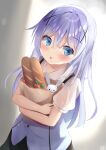  1girl :o bag baguette bangs black_skirt blue_eyes blue_hair blue_vest blush bread bunny carrot collared_shirt commentary eyebrows_visible_through_hair food gochuumon_wa_usagi_desu_ka? grocery_bag hair_between_eyes hair_ornament highres kafuu_chino long_hair looking_at_viewer natuna_natu object_hug paper_bag parted_lips puffy_short_sleeves puffy_sleeves rabbit_house_uniform shirt shopping_bag short_sleeves skirt solo uniform very_long_hair vest waitress white_shirt x_hair_ornament 