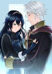  1boy 1girl ameno_(a_meno0) blue_eyes blue_hair brown_eyes fingerless_gloves fire_emblem fire_emblem_awakening gloves hug long_hair looking_down lucina_(fire_emblem) playing_with_another&#039;s_hair robin_(fire_emblem) robin_(fire_emblem)_(male) short_hair smile symbol-shaped_pupils tiara white_hair window 