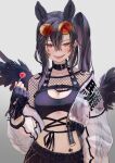 1girl :d animal_ears bangs black_gloves black_hair breasts candy cleavage commentary crop_top earrings english_commentary eyeshadow eyewear_on_head feathered_wings fingerless_gloves fishnets food gloves grey_background hair_between_eyes hand_up highres holding holding_food horse_ears jacket jewelry kurokoma_saki lollipop long_hair long_sleeves looking_at_viewer makeup medium_breasts midriff navel off_shoulder open_clothes open_jacket open_mouth red_eyes round_eyewear side_ponytail smile solo stomach stomach_tattoo sunglasses syuri22 tattoo tongue tongue_out touhou upper_body wings 