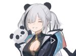  1girl animal_ears arknights black_dress black_hair black_jacket breasts china_dress chinese_clothes cleavage cleavage_cutout closed_eyes clothing_cutout commentary dress english_commentary eyebrows_visible_through_hair fang feater_(arknights) grey_hair highres jacket krin large_breasts multicolored_hair off_shoulder open_mouth panda panda_ears simple_background smile solo streaked_hair teeth twintails upper_body white_background work_in_progress 