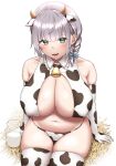  1girl 1nilla&#039; animal_costume animal_ears animal_print arm_support bangs bell bikini blush bottle braid breasts cleavage collar collarbone cow_costume cow_ears cow_girl cow_horns cow_print elbow_gloves eyebrows_visible_through_hair gloves green_eyes hair_between_eyes highres hololive horns huge_breasts large_breasts long_hair looking_at_viewer milk_bottle navel neck_bell open_mouth print_gloves shirogane_noel silver_hair sitting smile solo stomach swimsuit thighhighs virtual_youtuber 