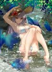  1girl anklet arm_up armpits ass bangs bare_shoulders bikini bird blush braid breasts cleavage collarbone fate/grand_order fate_(series) flower grass hair_ribbon hat hat_flower hibiscus highres jewelry kama_(fate) knees_together_feet_apart knees_up kuroaki large_breasts legs long_hair looking_at_viewer parrot red_eyes ribbon side_braid silver_hair sitting smile straw_hat stream swimsuit water white_bikini 