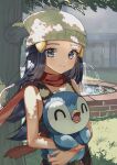  1girl bare_arms beanie black_hair blush closed_mouth dawn_(pokemon) day eyelashes fountain gen_4_pokemon grass grey_eyes hat highres holding holding_pokemon long_hair looking_at_viewer outdoors piplup pokemon pokemon_(creature) pokemon_(game) pokemon_dppt red_scarf scarf shiinamirin sleeveless smile starter_pokemon tree water white_headwear 