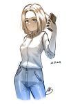  1girl absurdres acrylicstroke character_name collared_shirt highres holding holding_phone looking_at_viewer phone samsung samsung_sam shirt simple_background sketch solo 