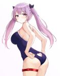  1girl absurdres ass ass_cutout bare_arms bare_shoulders blue_swimsuit breasts closed_mouth clothing_cutout cowboy_shot hair_ribbon heart_cutout highres kano_(wi3028) leaning_forward long_hair looking_at_viewer looking_back medium_breasts one-piece_swimsuit original purple_eyes purple_hair ribbon simple_background solo standing sweatdrop swimsuit thigh_strap twintails white_background 