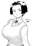  1girl artist_name bangs breasts collared_shirt dated forehead greyscale huge_breasts long_sleeves looking_at_viewer monochrome necktie original parted_bangs pleated_skirt scowl shirt short_hair simple_background skirt solo tsukudani_(coke-buta) upper_body vest white_background 