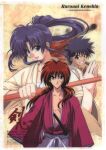  1990s_(style) 1girl 2boys absurdres bangs black_hair blue_eyes character_name copyright_name cross_scar floating_hair grin high_ponytail highres himura_kenshin kamiya_kaoru katana long_hair long_sleeves looking_at_viewer multiple_boys myoujin_yahiko official_art open_mouth red_eyes red_hair retro_artstyle rurouni_kenshin scan scar scar_on_face sheath sheathed shinai short_hair smile sword weapon wooden_sword 