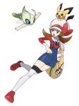  1girl :o blue_overalls bow brown_eyes brown_hair cabbie_hat celebi fujihana_(mugenpixel) gen_2_pokemon hat hat_bow holding_strap knees leg_up long_hair looking_to_the_side lyra_(pokemon) mythical_pokemon official_style open_mouth pichu pokegear pokemon pokemon_(creature) pokemon_(game) pokemon_hgss red_bow red_footwear red_shirt shirt shoes symbol_commentary thighhighs twintails white_headwear white_legwear yellow_bag 
