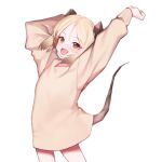  1girl absurdres arknights beudelb blonde_hair commentary cowboy_shot demon_girl demon_horns demon_tail highres horns ifrit_(arknights) korean_commentary looking_at_viewer medium_hair open_mouth orange_eyes simple_background solo stretch sweater tail white_background yellow_sweater younger 