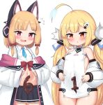  2girls :d :o absurdres ahoge animal_ears azur_lane bailingxiao_jiu bangs bare_shoulders black_skirt blonde_hair blue_archive blush bow breasts cat_ear_headphones cat_ears character_name chocolate chocolate_on_body clothes_writing collared_shirt commentary_request covered_navel crossover detached_sleeves dress dress_shirt eldridge_(azur_lane) eyebrows_visible_through_hair fake_animal_ears fang flying_sweatdrops food_on_body glowing hair_bow hair_ornament hairclip headphones highres jacket long_hair long_sleeves low_twintails momoi_(blue_archive) multiple_girls navel nervous_smile off_shoulder open_clothes open_jacket open_mouth parted_lips pleated_skirt puffy_long_sleeves puffy_sleeves purple_eyes red_bow red_eyes shirt simple_background skirt sleeveless sleeveless_dress sleeves_past_wrists small_breasts smile twintails very_long_hair white_background white_dress white_jacket white_shirt white_sleeves wide_sleeves 