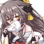  1girl \n/ animal_ears bangs bare_shoulders black_gloves brown_hair covering_mouth fingerless_gloves fox_ears fox_mask fur_trim girls_frontline gloves hair_between_eyes hair_ribbon japanese_clothes kemonomimi_mode kimono long_hair looking_at_viewer mask off_shoulder official_alternate_costume ribbon scar scar_across_eye solo ump45_(girls_frontline) yellow_eyes yuki_shiro 