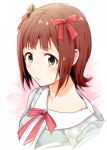  1girl amami_haruka bangs blush bow brown_hair eyebrows_visible_through_hair green_eyes hair_bow idolmaster idolmaster_(classic) neck_ribbon nogoodlife parted_lips portrait red_bow red_ribbon ribbon shiny shiny_hair shirt short_hair solo white_background 