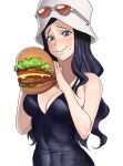  1girl absurdres black_dress black_hair blue_eyes breasts burger cleavage commission covered_abs dress eating english_commentary eyewear_on_head fast_food food food_on_face hanny_(uirusu_chan) happy helmet highres holding holding_food large_breasts long_hair nico_robin one_piece orange-tinted_eyewear plunging_neckline solo sunglasses white-framed_eyewear 