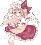  1girl :o ascot bangs blonde_hair bow crystal eyebrows_visible_through_hair flandre_scarlet frilled_shirt_collar frilled_skirt frilled_sleeves frills hair_between_eyes hat hat_ribbon heart holding holding_stuffed_toy mob_cap one_side_up puffy_short_sleeves puffy_sleeves red_bow red_eyes red_ribbon red_skirt red_vest ribbon shirt short_hair short_sleeves sidelocks simple_background skirt solo sorani_(kaeru0768) stuffed_toy touhou vest white_background white_shirt wings wrist_cuffs yellow_ascot 